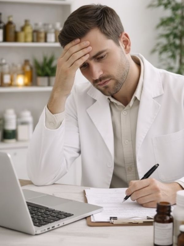 Frustrated functional medicine practitioner struggling with patient acquisition and marketing challenges